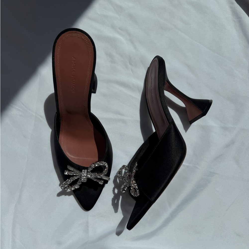 Amina Muaddi Rosie Black Satin Pointed-Toe Mule Heels 95mm